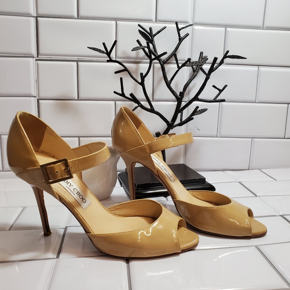 JIMMY CHOO Beige Patent Leather Ankle Strap Shoes